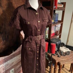 Calvin Klein Brown Button-Up Professional Dress Belted w/ Gold Buttons